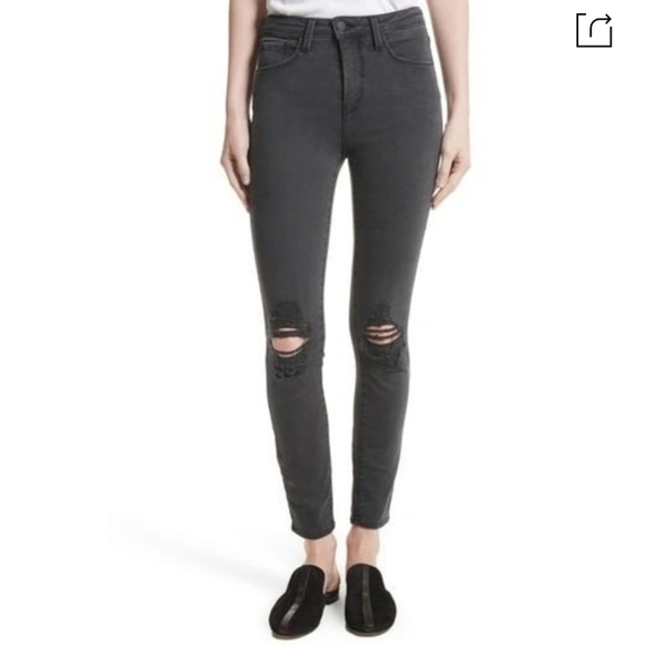 L'Agence Margot High-rise Skinny Ankle Jeans With Holes In Coal Destruct - Picture 1 of 10